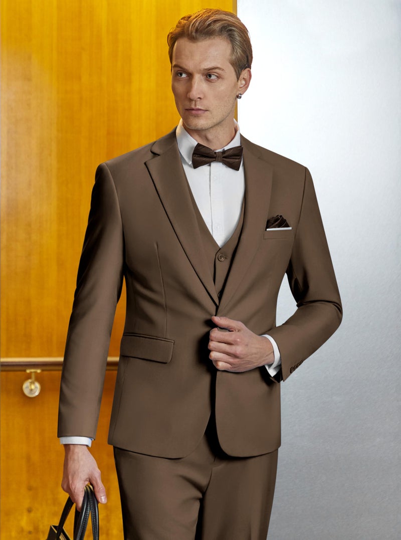 WULFUL Menâ€™s Slim Fit Suit One Button 3-Piece Blazer Dress Business Wedding Party Jacket Vest & Pant Brown - Image 2